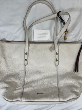Fossill Jenna Coconut Color Pebble Leather Tote Handbag Purse Key Charm Rawhide